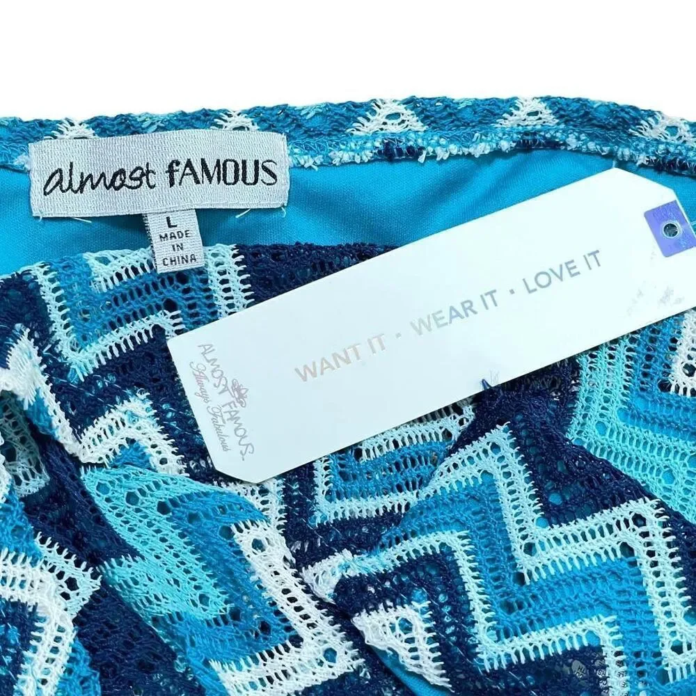 NWT Almost famous Sz L Teal White Chevron Backless Cleavage Sexy Fun mini dress